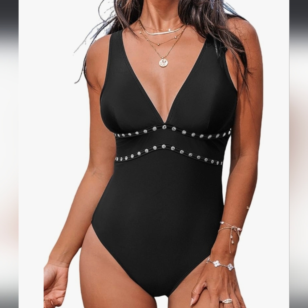 Cupshe Black One Piece Swimsuit With Silver Stud Details
